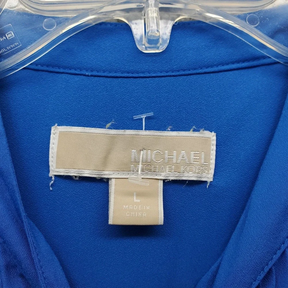 Michael Kors Blouse Top Womens Large Blue Pleated Roll Tab‎ Long Sleeve 1/2 Zip